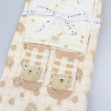 N14692: Baby Plush Wrap, Cotton Hat and Rattle Socks Set- Teddy